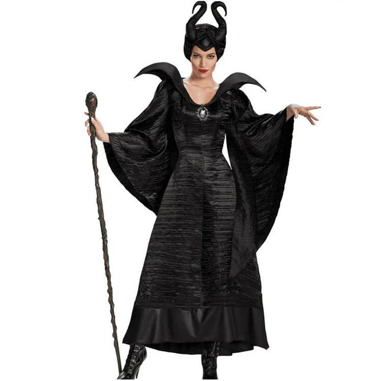 Maleficent Halloween costume with horned headpiece, flowing cape, and dark dress