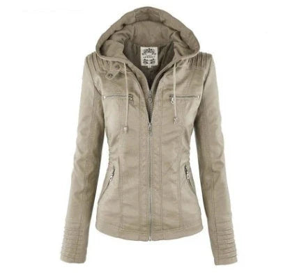 Versatile hooded leather jacket with spacious pockets and a sleek, sophisticated design for women