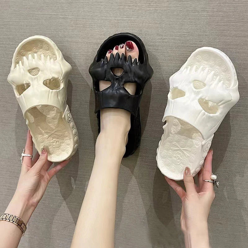 Spooky skull-designed slippers in various colors and sizes for indoor, outdoor, and beach wear