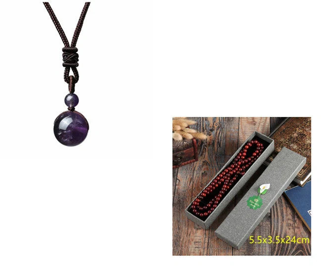 Stylish 16mm Natural Obsidian and Amethyst Pendant Necklace for Women and Men