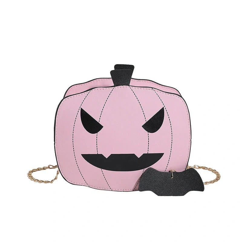 Enchanting Halloween pumpkin-themed shoulder bag in various colours, featuring an adjustable chain strap and trendy urban style