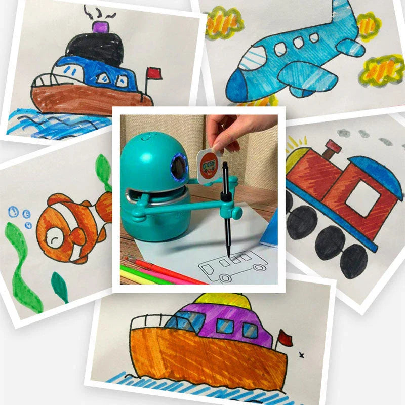 A drawing robot with a suction cup base, designed to guide children through the creative process of drawing and painting
