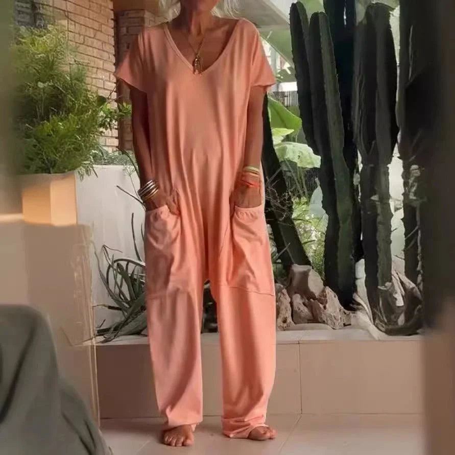 V-neck oversized pocket jumpsuit in solid colours for street fashion