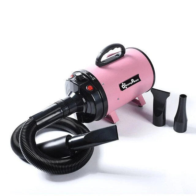 A high-powered, quiet pet hair dryer in various colors, designed for fast and efficient drying of dogs and cats.