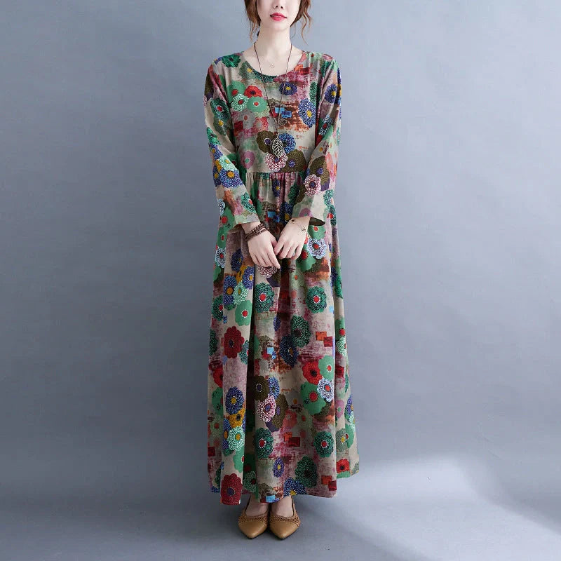Literary Plus Size Printed Long Sleeve Cotton Blend Dress in vibrant colours