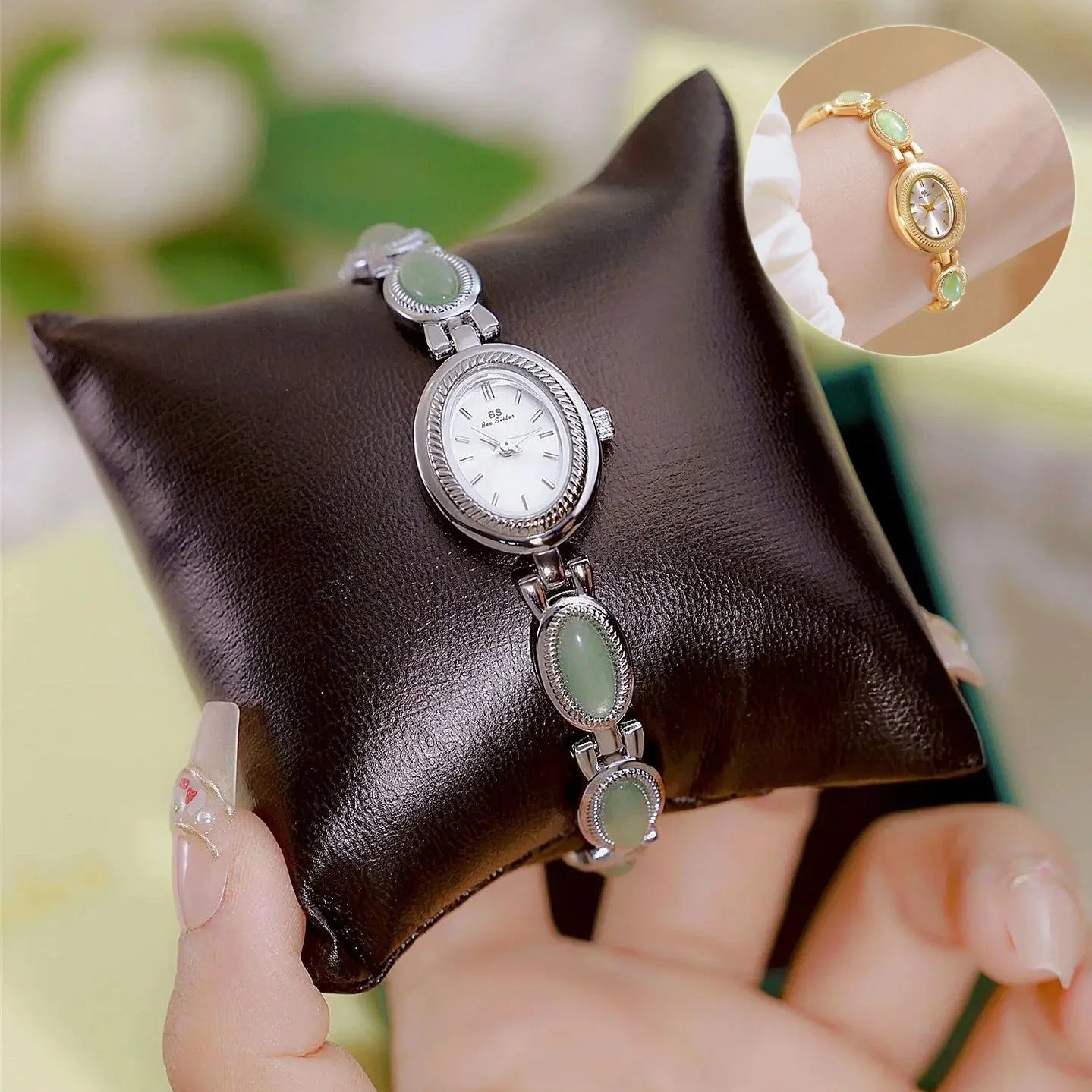 Luxury women's bracelet watch with Hetian Jade and Dongling Stone accents