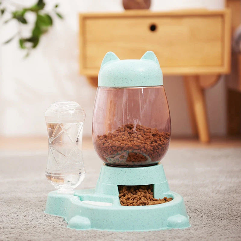 Automatic pet feeder with gravity-powered design, made of durable polypropylene and polyethylene terephthalate materials