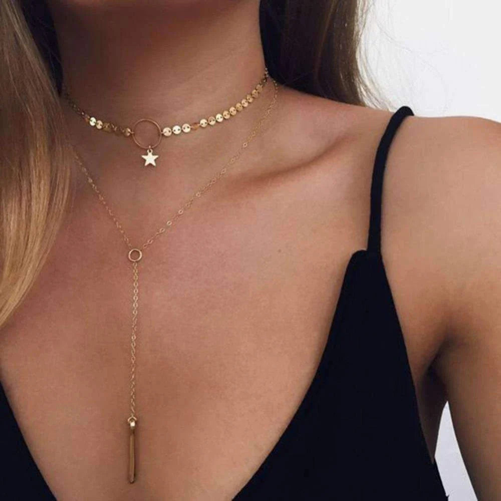 Elegant gold or silver layered choker necklace with adjustable circumference, crafted with premium alloy material for long-lasting durability
