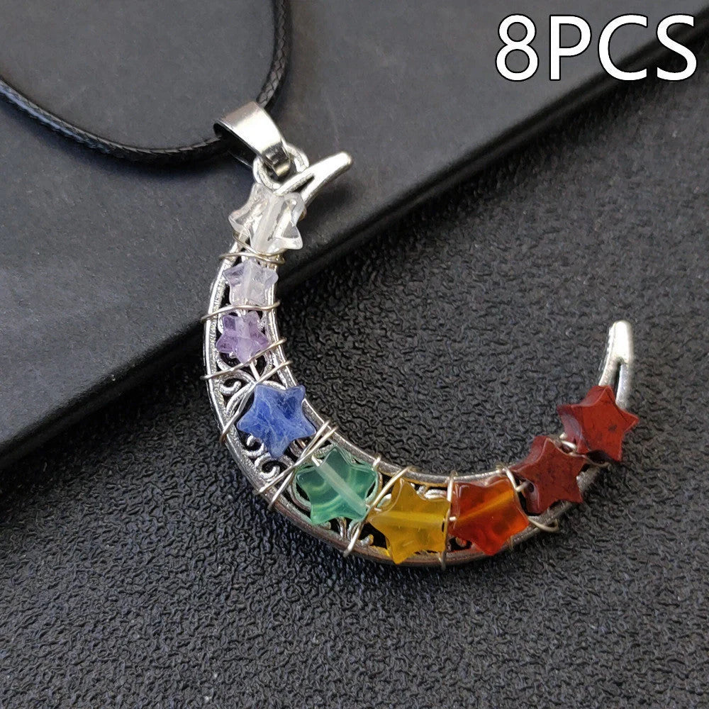 Seven Chakras Crystal Moon Pentagram Necklace in bohemian style