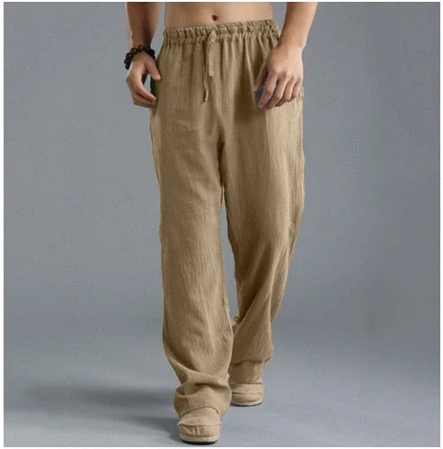 Men's breathable linen loose-fit sports pants in khaki, black, light blue, and off-white