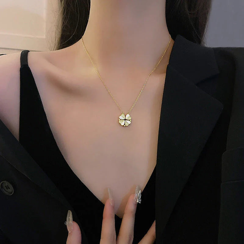 GiftHome Luxe Four-Leaf Clover Pendant Necklace - Stainless Steel Crystal Heart Jewelry for Women