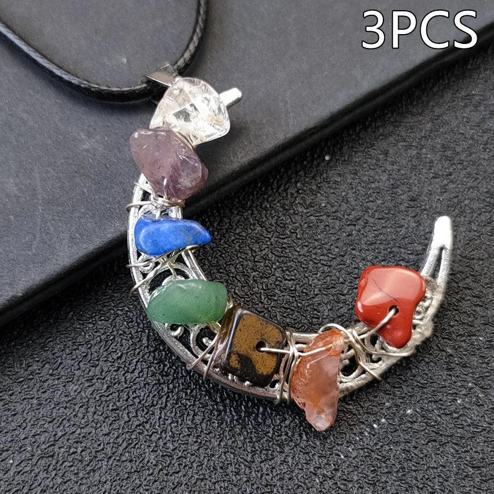 Seven Chakras Crystal Moon Pentagram Necklace in bohemian style