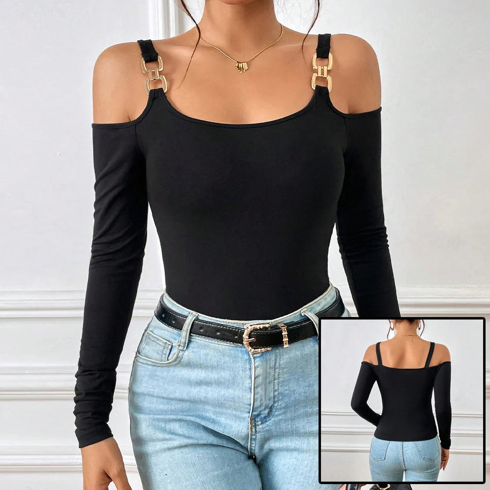 Stylish off-shoulder top with metal hook closure, long sleeves, and premium knitted fabric for modern British fashion