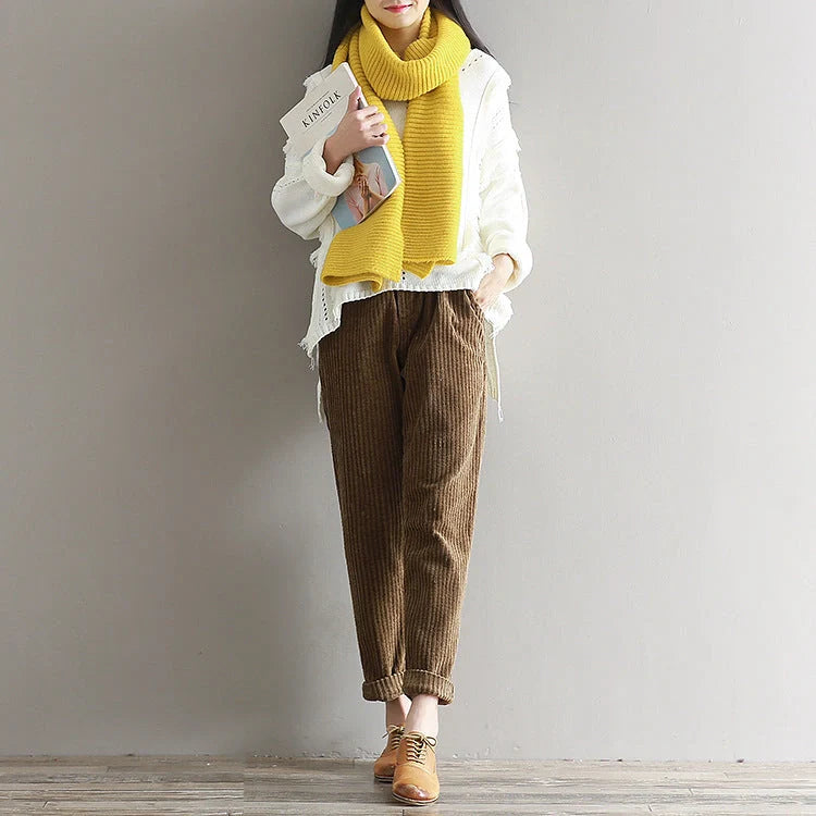 Women's large size thin corduroy trousers with adjustable waist in apricot, coffee, and grey