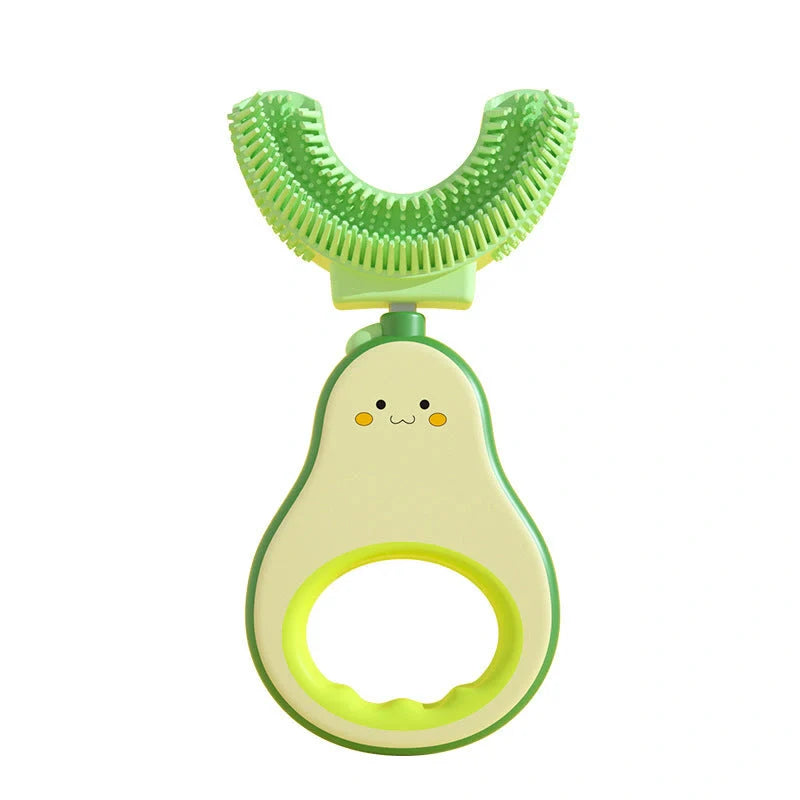 U-shaped silicone baby toothbrush in cheerful colours for gentle teeth cleaning