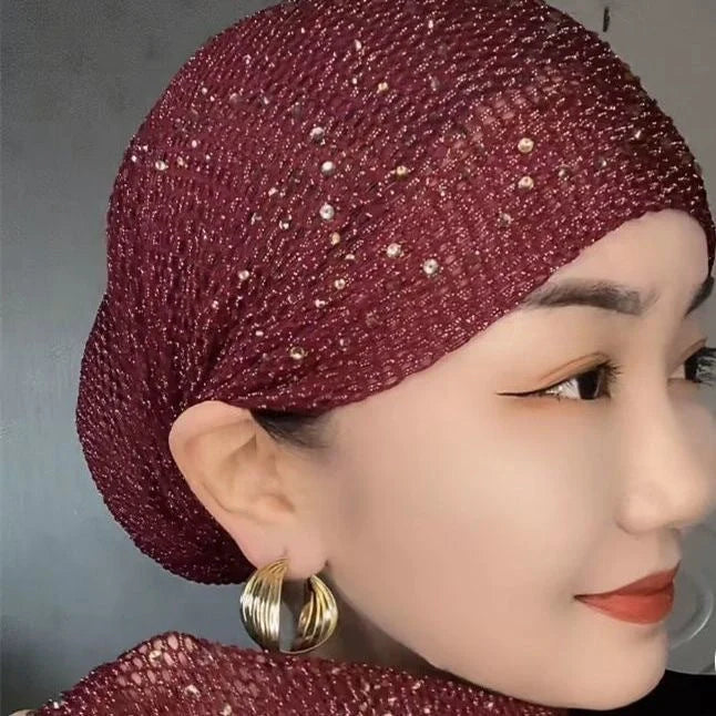Stylish knitted beanie with elegant hot drilling pattern in various colours, including black, grey, wine red, ancient purple, and deep khaki