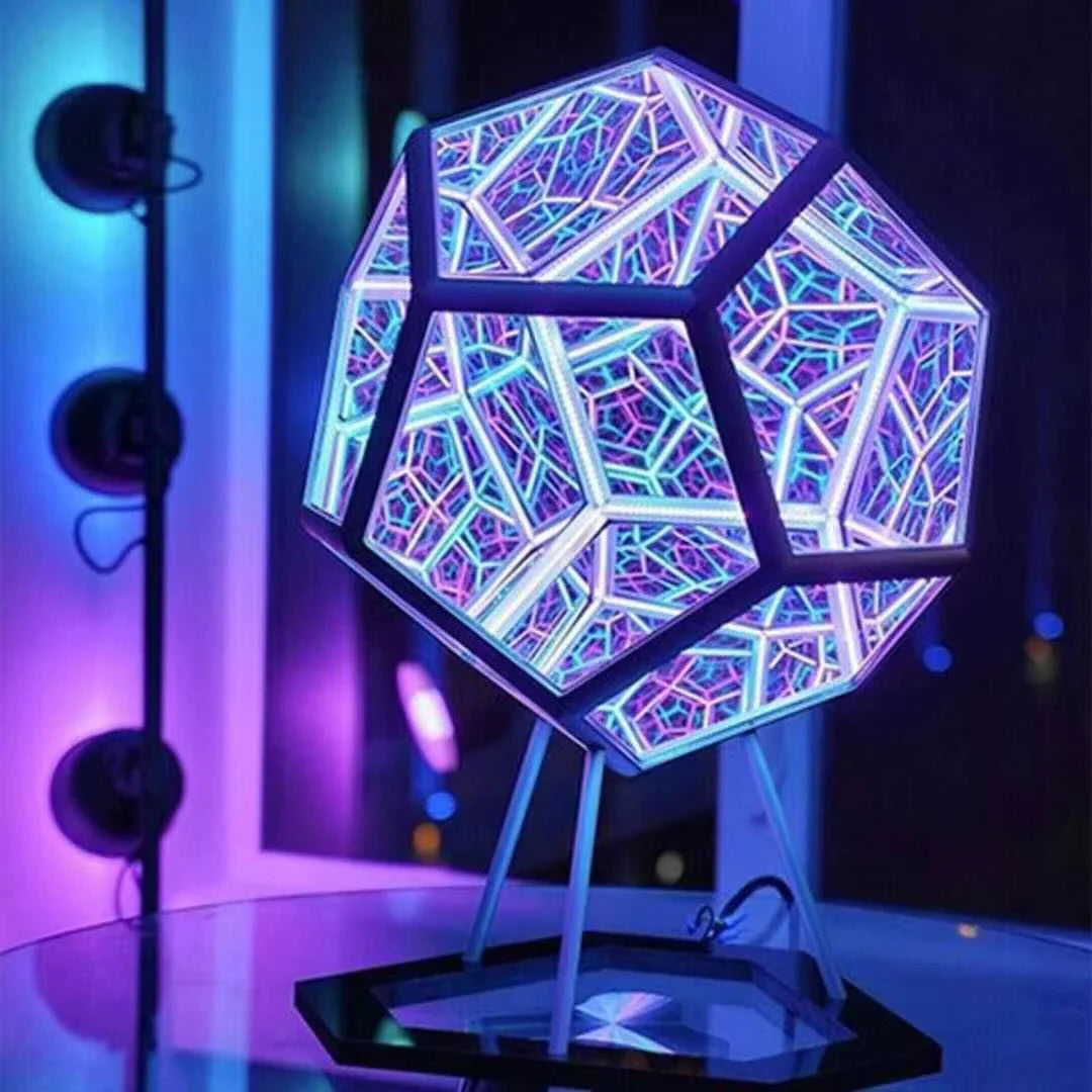 Elegant geometric colour-changing decorative lamp with glass and anodized aluminium construction