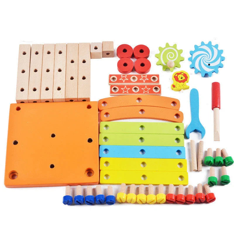 Premium quality wooden building block chair toy for children, featuring smooth surfaces and innovative nut-based assembly system for endless creative possibilities.