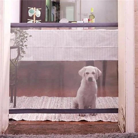 Versatile foldable pet safety barrier made of durable mesh fabric and stainless steel for use in doorways, walls, and stairs