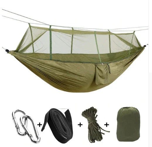 Versatile parachute hammock with mosquito net for outdoor camping and relaxation