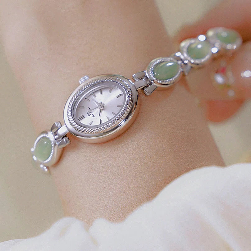 Luxury women's bracelet watch with Hetian Jade and Dongling Stone accents