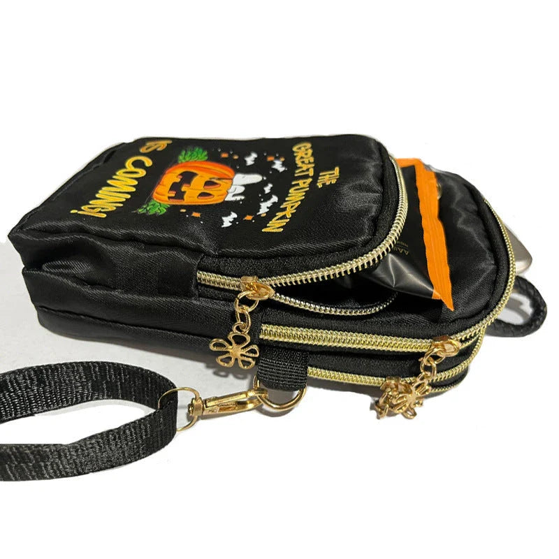 Stylish nylon crossbody bag with pumpkin pattern design, perfect for Halloween celebrations and everyday use.
