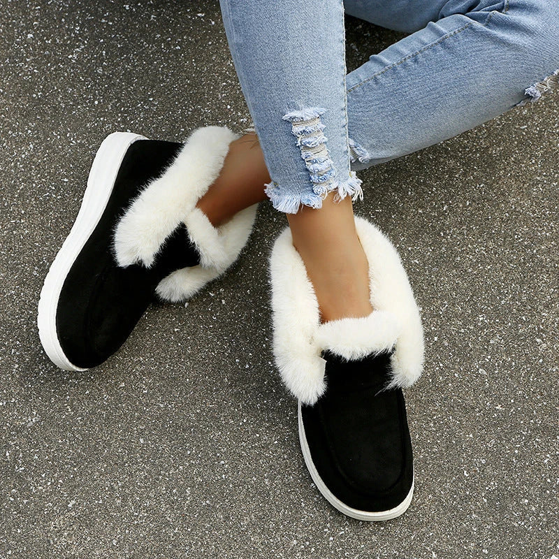 Warm plush ankle boots with suede uppers and artificial fur lining, available in black, grey, and brown colors.
