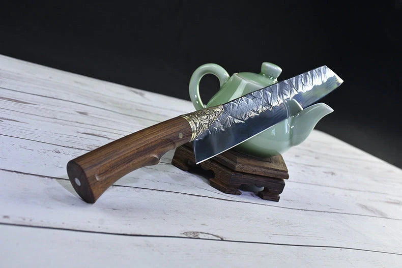 Hand-forged slicing knife with rosewood handle and pure copper guard
