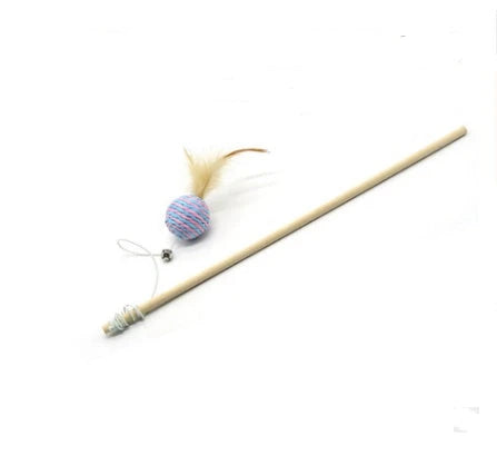 A handcrafted cat toy made from solid wood and natural materials, featuring a feather-on-a-stick design to captivate and engage your feline friend.
