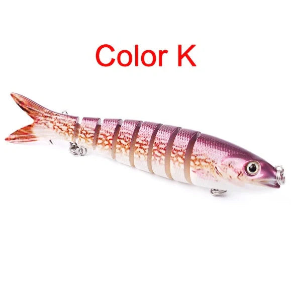 Multi-jointed pike fishing lure with light reflection and sound attraction features