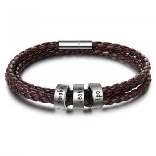Personalized Leather Bracelet with Engraved Name Charm in Black and Brown Colors