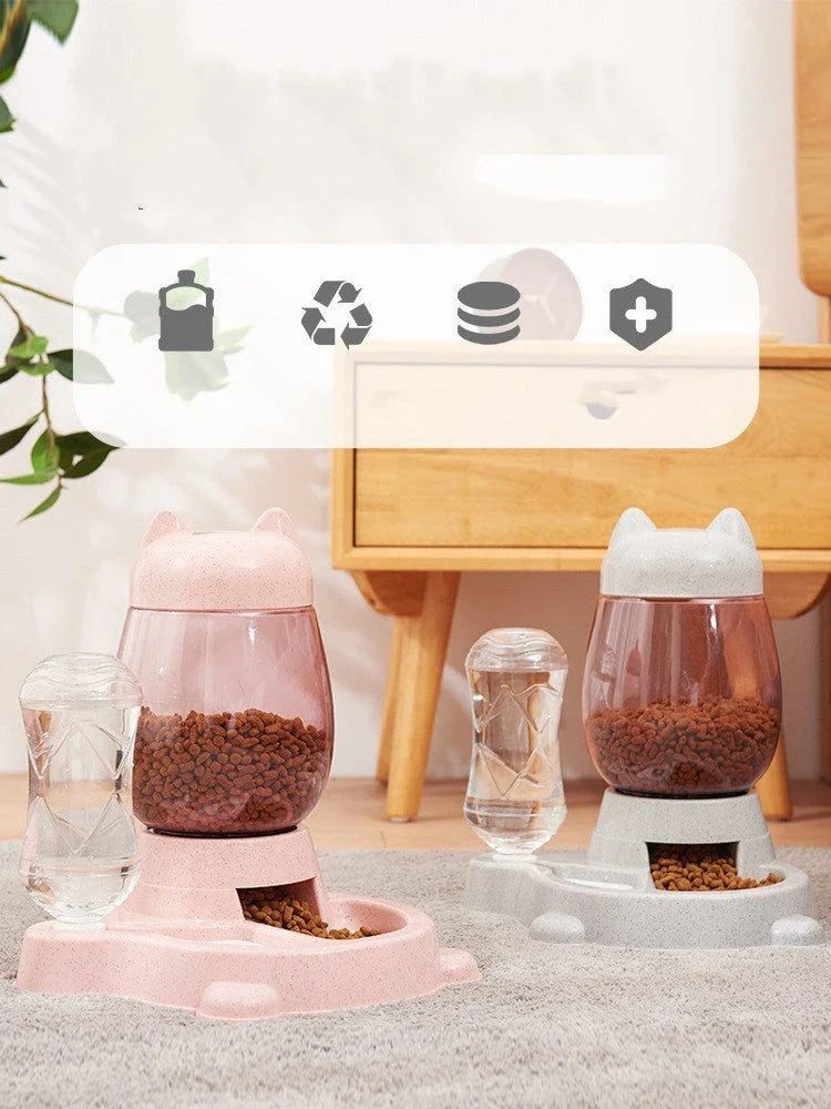 Automatic pet feeder with gravity-powered design, made of durable polypropylene and polyethylene terephthalate materials