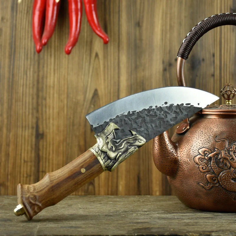 Hand-forged slicing knife with rosewood handle and pure copper guard