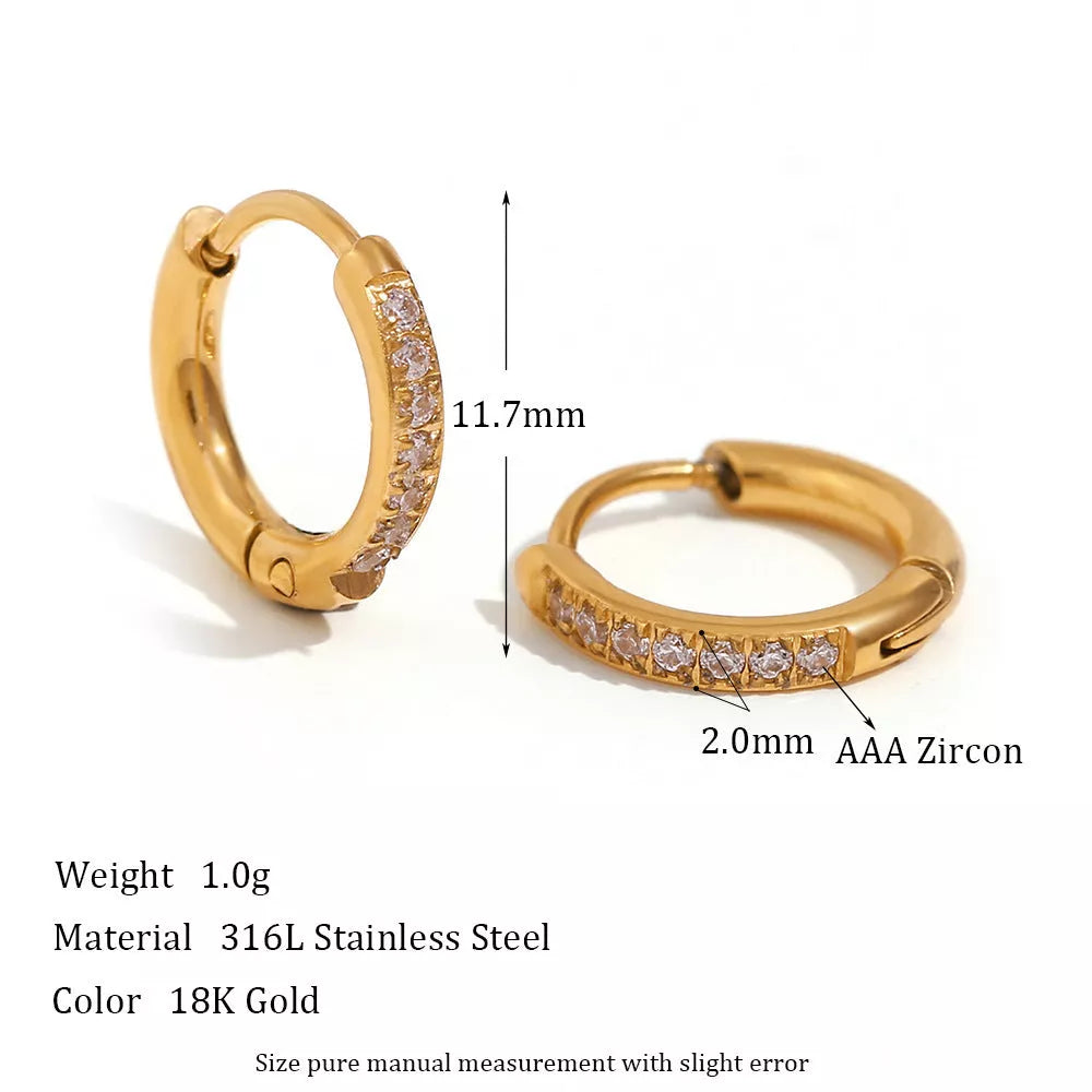 Women's titanium steel rounded edge zircon earrings in gold and steel finishes