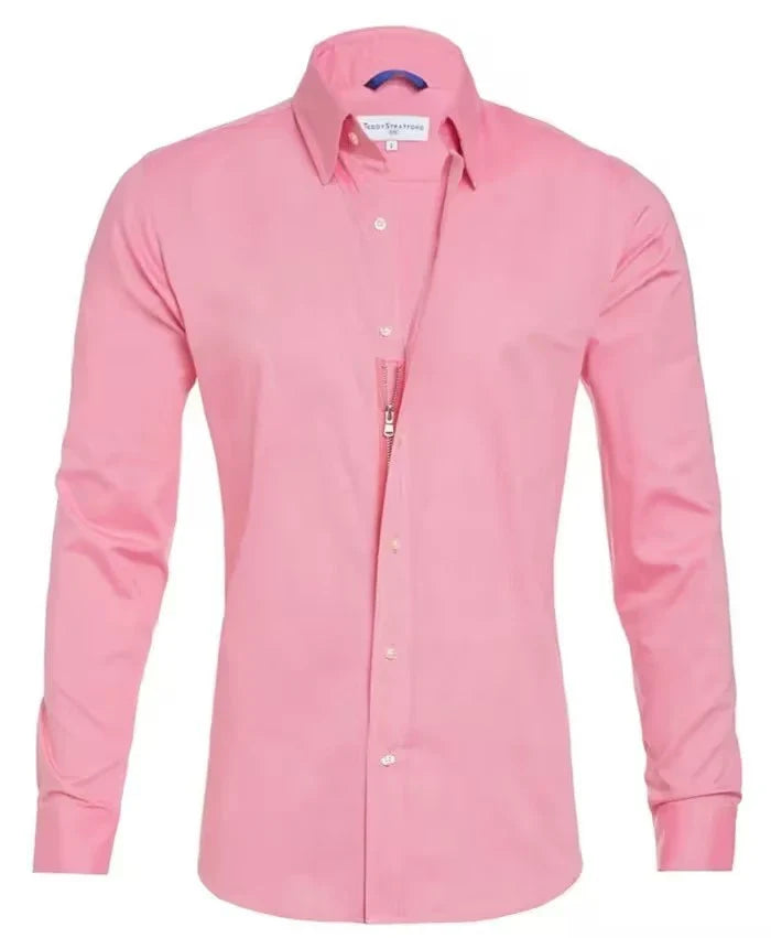 Long sleeve zip-up shirt with button and lapel details in a variety of colors