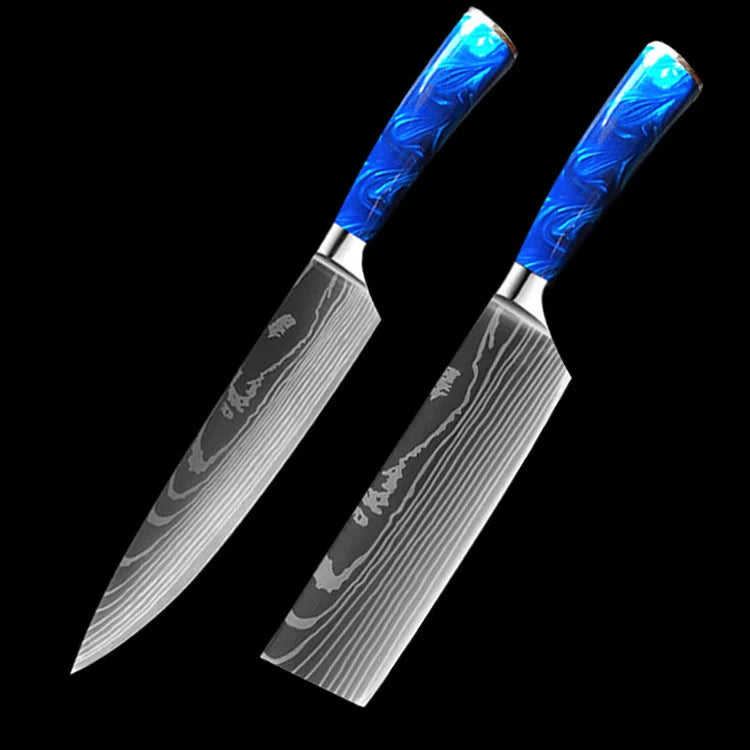 Premium 8-inch Chef Knife with elegant blue resin handle and stainless steel blade