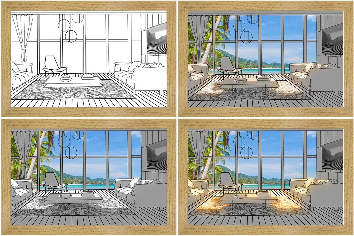 Illuminating LED picture light with customizable lighting modes, showcasing various nature scenes and cityscapes