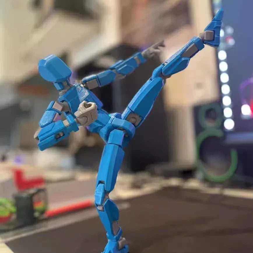 Poseable 3D-printed transforming robot action figure toy in various bright colors