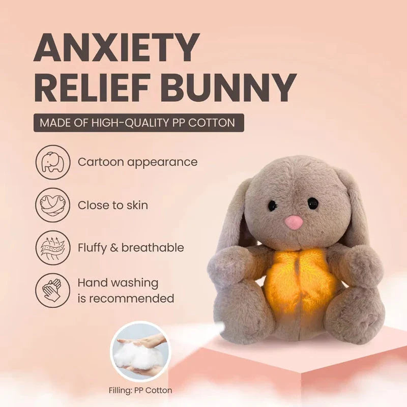 A soft, plush rabbit toy with a breathing mechanism that mimics natural respiration to soothe and comfort newborns