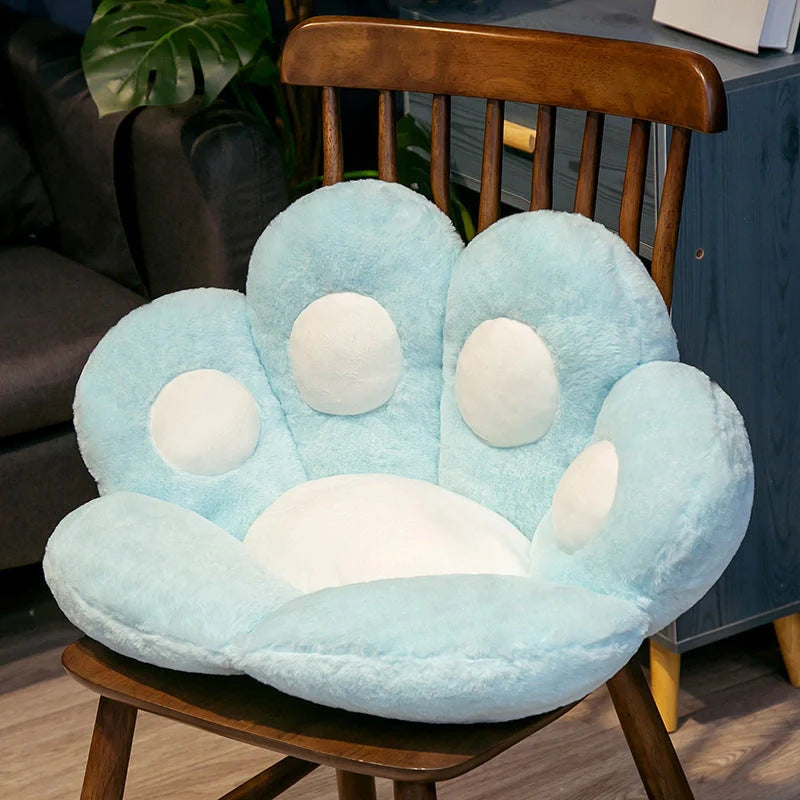 Plush office chair cushion with adorable paw-shaped design in various colors and sizes