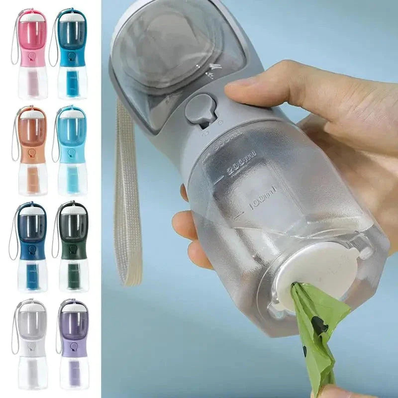 A 3-in-1 pet travel set featuring a water dispenser, food container, and waste bag holder in various color options