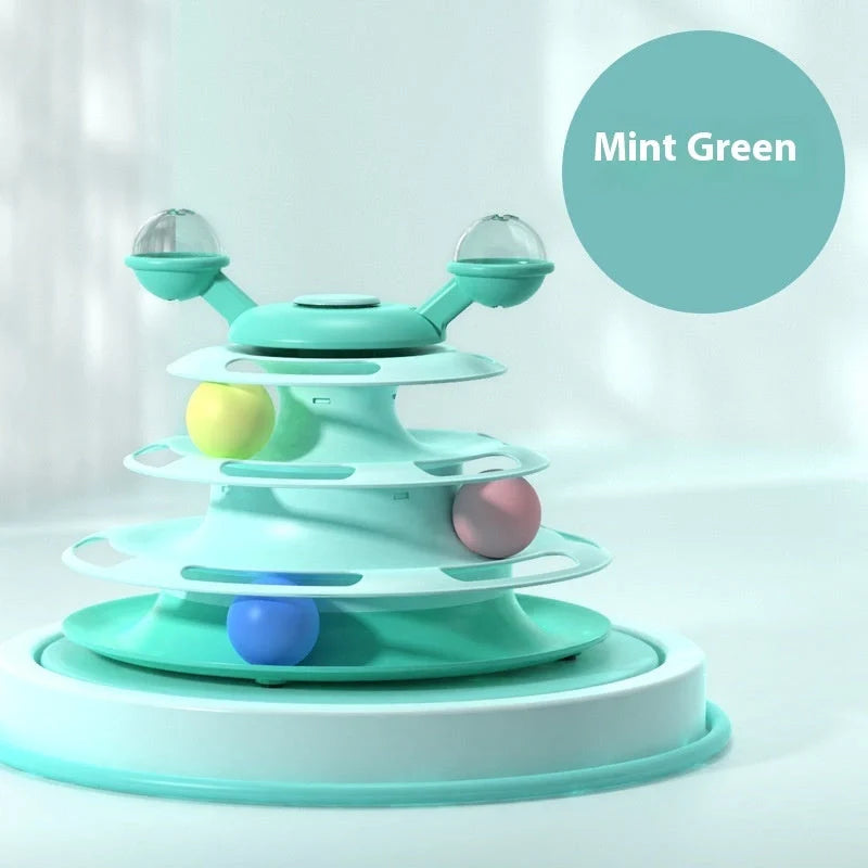 Interactive 4-level cat toy tower with turntable and roller balls in vibrant colours