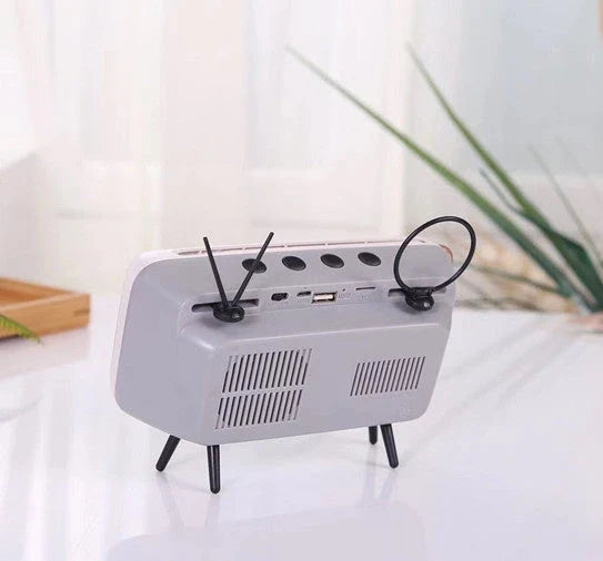 Vintage-inspired portable Bluetooth speaker with retro TV-style design and sleek, compact body