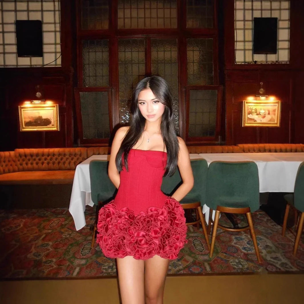 Adjustable tube top ball gown mini dress in various colours, featuring a ruffled skirt and premium cotton construction
