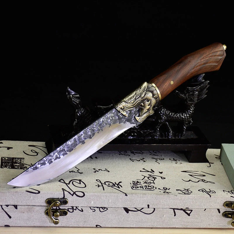 Hand-forged slicing knife with rosewood handle and pure copper guard
