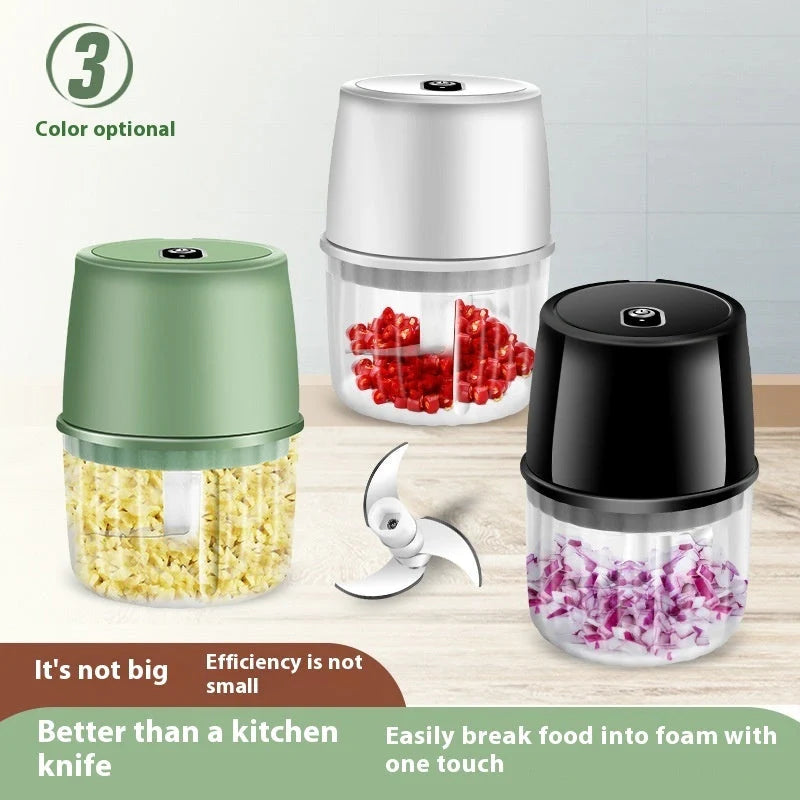 Compact, USB-rechargeable electric garlic chopper with stainless steel blades and detachable design for easy cleaning