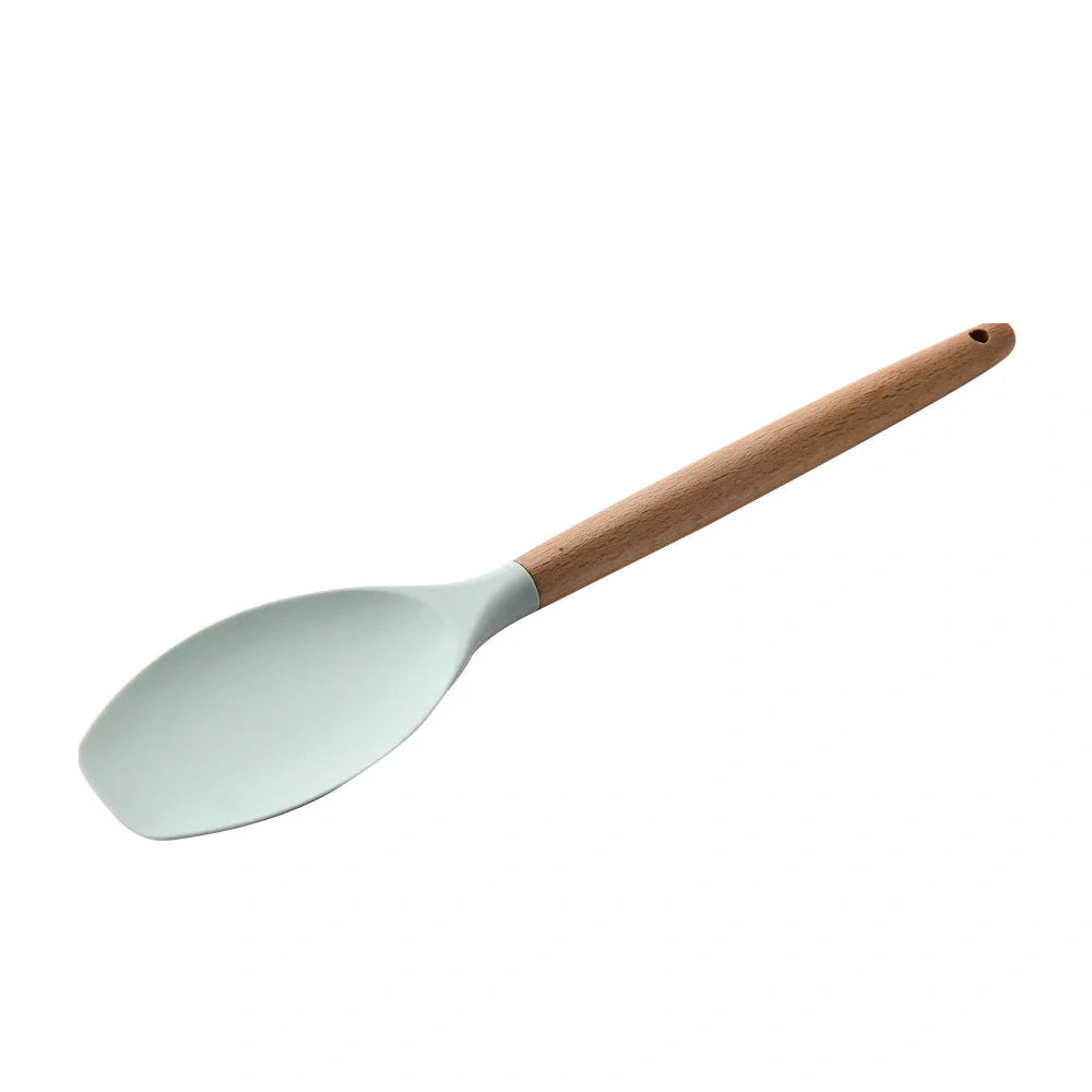 Silicone kitchenware set with wooden handles in various colors and styles, perfect for cooking, baking, and serving