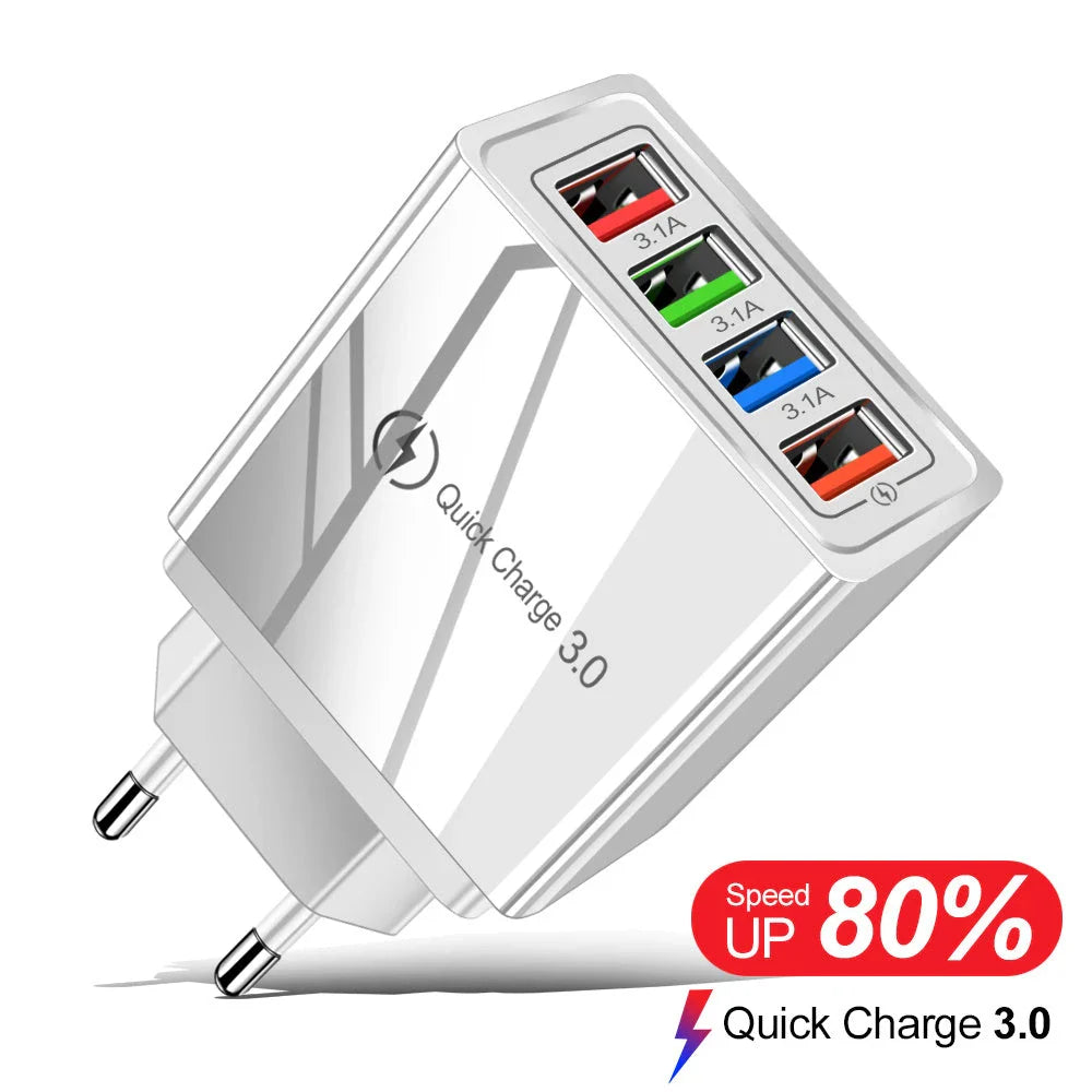4-Port High-Speed USB Wall Charger with Quick Charge 3.0 Technology for Simultaneous Charging of Multiple Devices