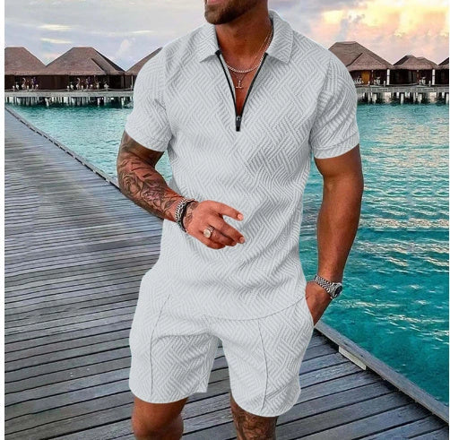 Men's casual contrast polo zip lapel shirt with shorts set in various colours