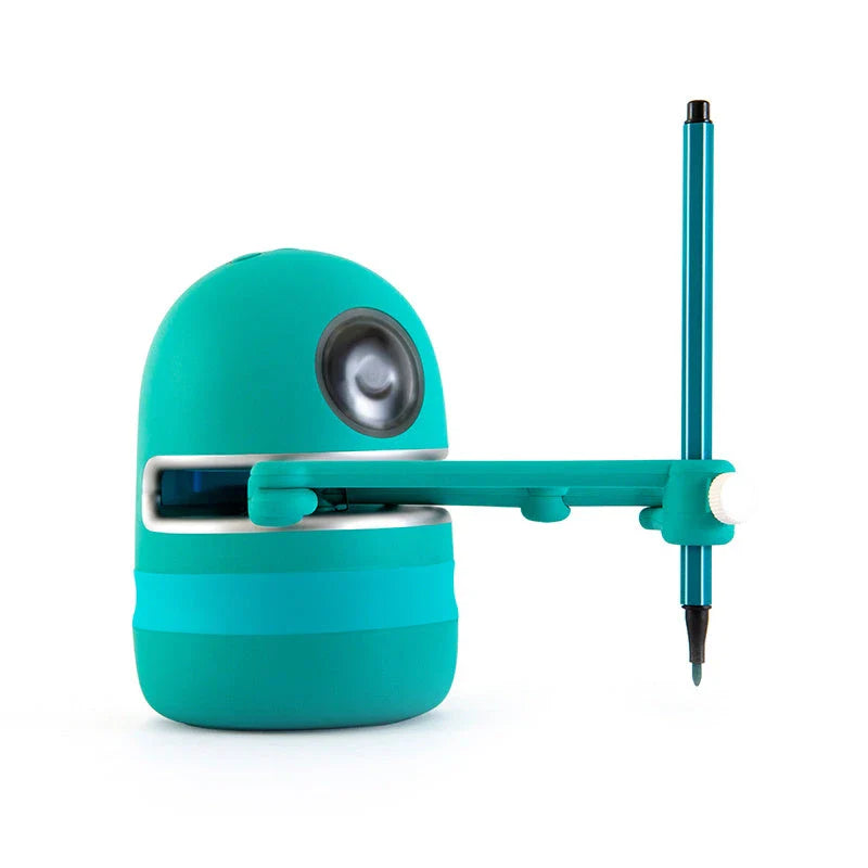 A drawing robot with a suction cup base, designed to guide children through the creative process of drawing and painting